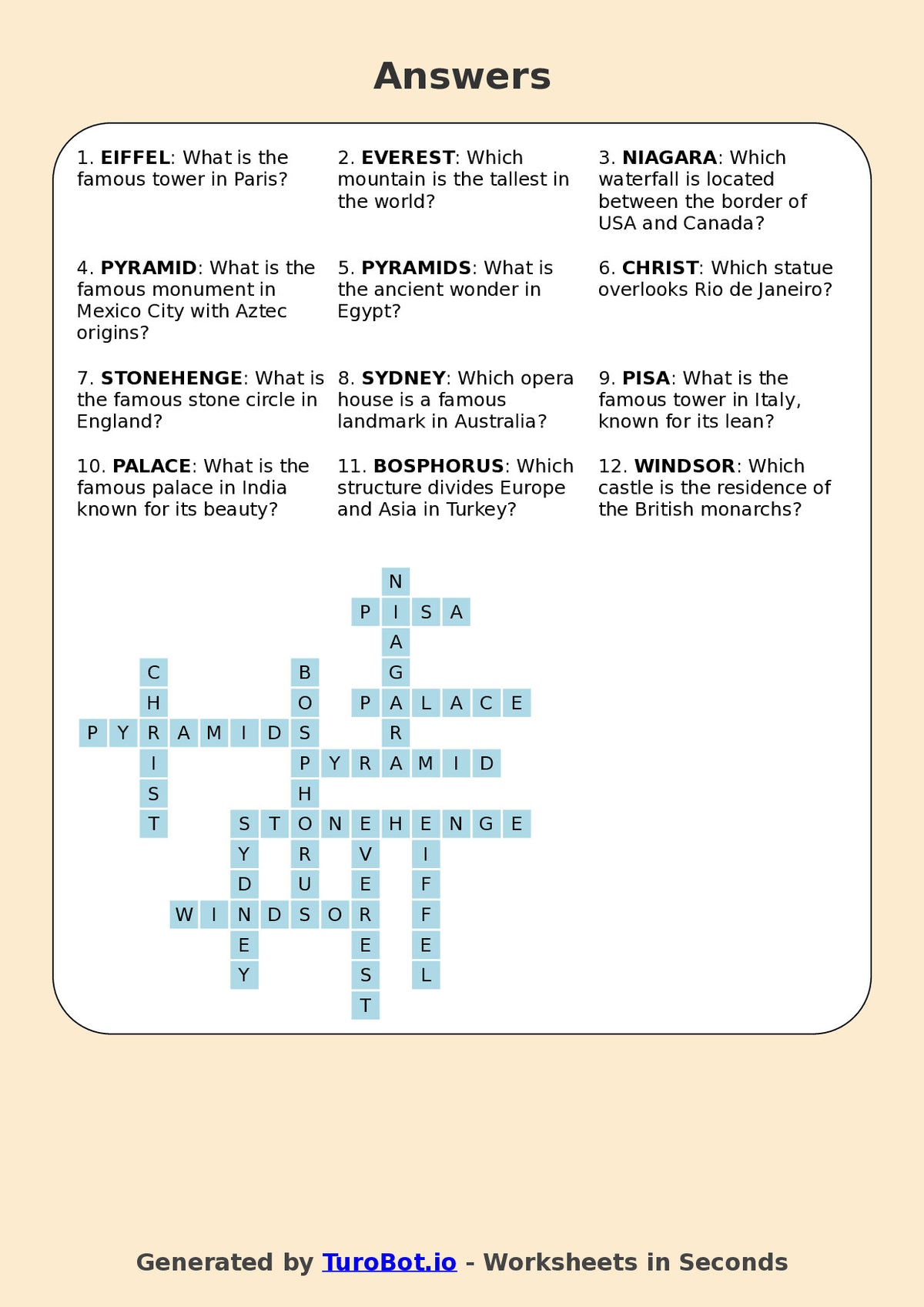 Year 7 General Knowledge Crossword Worksheet – Names of Famous Landmarks Around the World