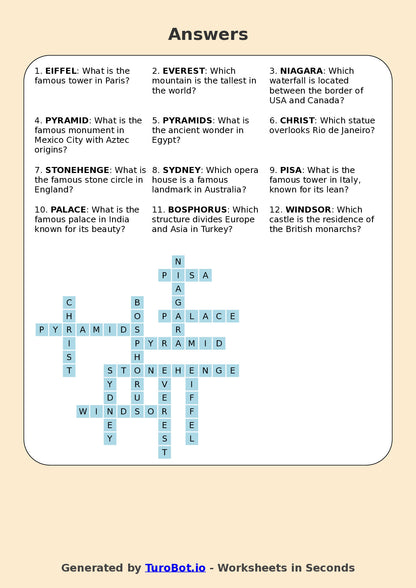 Year 7 General Knowledge Crossword Worksheet – Names of Famous Landmarks Around the World