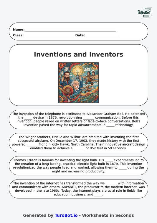 Year 7 General Knowledge Fill in the Blanks Worksheet – Inventions and Inventors