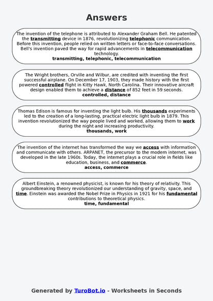 Year 7 General Knowledge Fill in the Blanks Worksheet – Inventions and Inventors