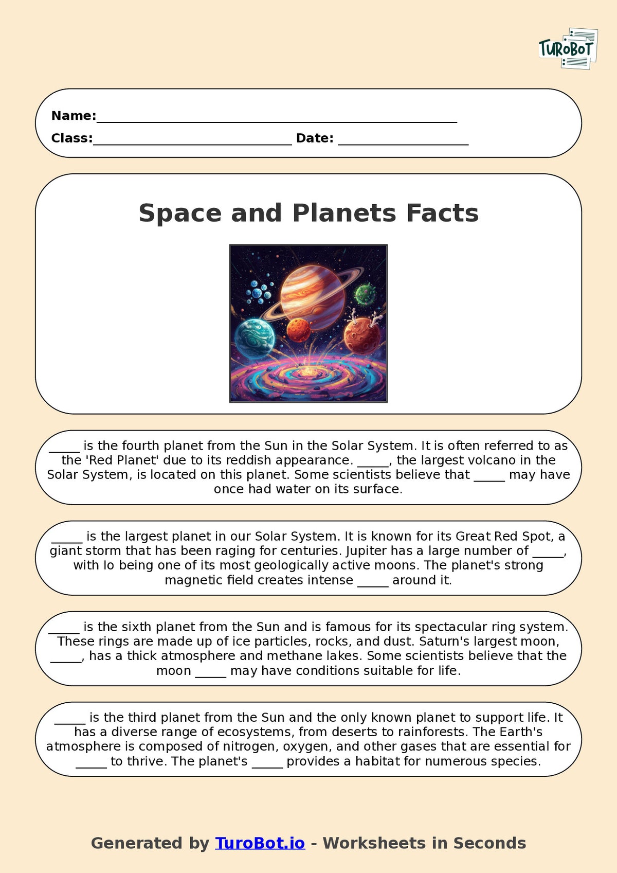 Year 7 General Knowledge Fill in the Blanks Worksheet – Space and Planets Facts