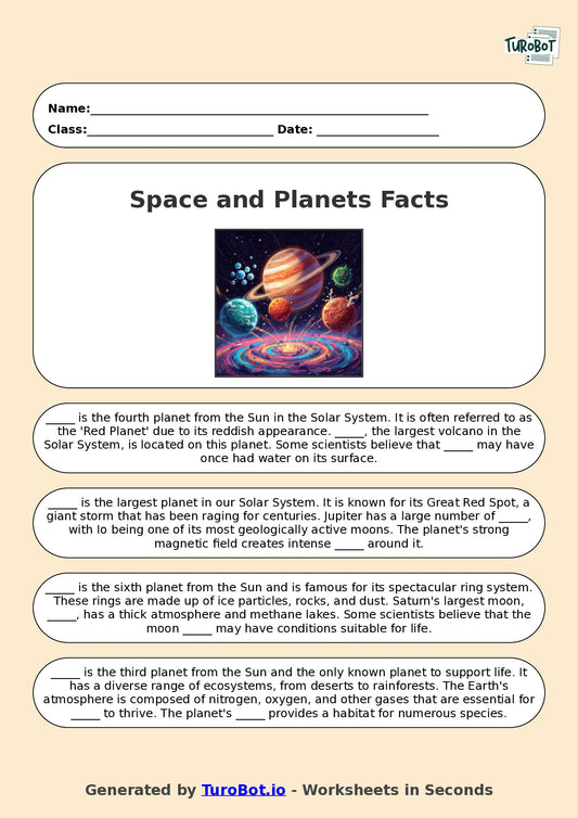 Year 7 General Knowledge Fill in the Blanks Worksheet – Space and Planets Facts