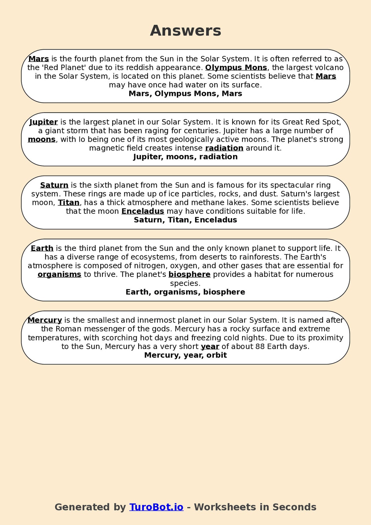 Year 7 General Knowledge Fill in the Blanks Worksheet – Space and Planets Facts