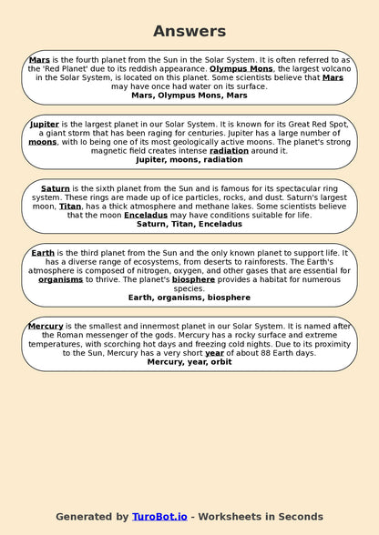 Year 7 General Knowledge Fill in the Blanks Worksheet – Space and Planets Facts