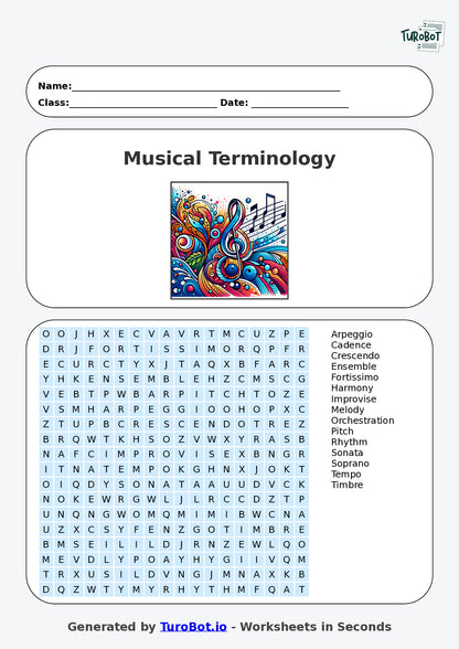 Year 7 General Knowledge Find a Word Worksheet – Musical Terminology