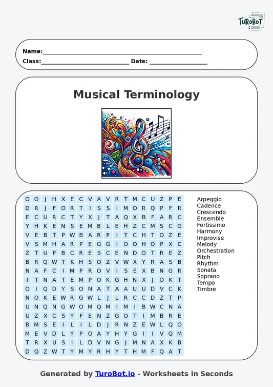 Year 7 General Knowledge Find a Word Worksheet – Musical Terminology