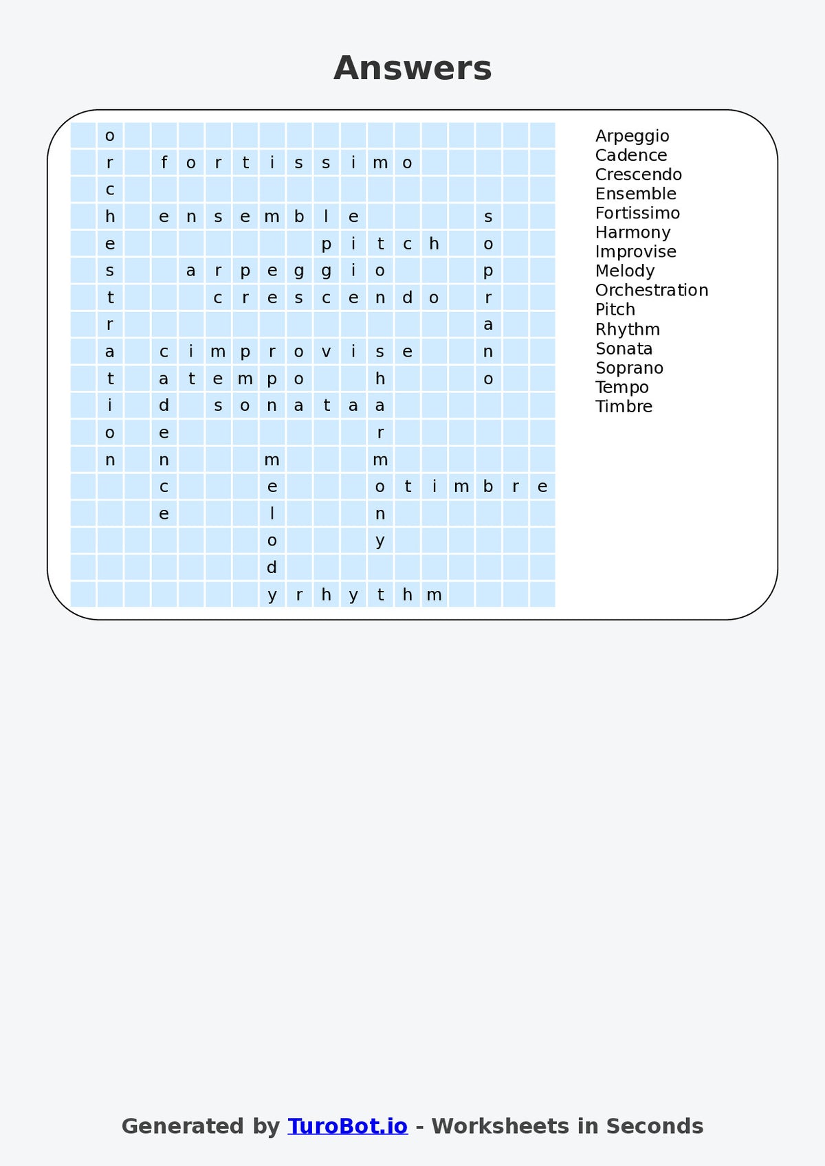 Year 7 General Knowledge Find a Word Worksheet – Musical Terminology