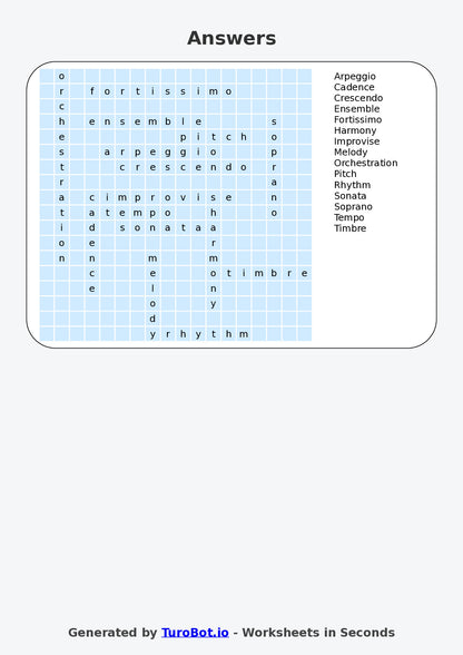 Year 7 General Knowledge Find a Word Worksheet – Musical Terminology