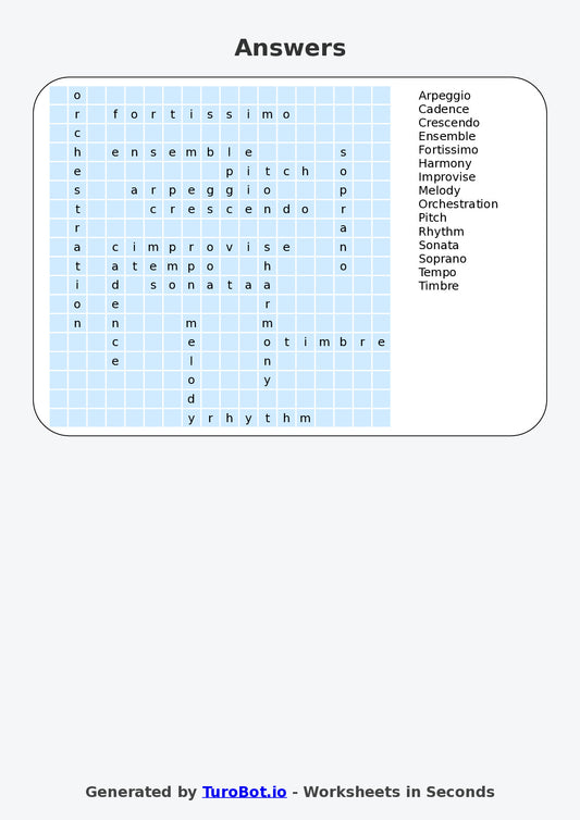 Year 7 General Knowledge Find a Word Worksheet – Musical Terminology