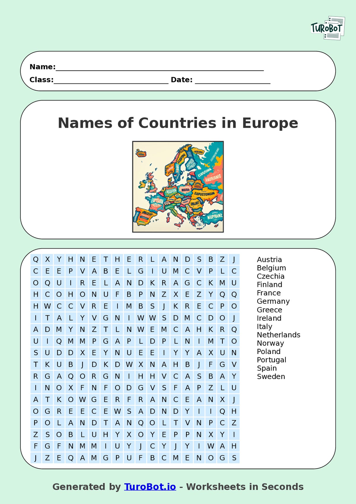 Year 7 General Knowledge Find a Word Worksheet – Names of Countries in Europe