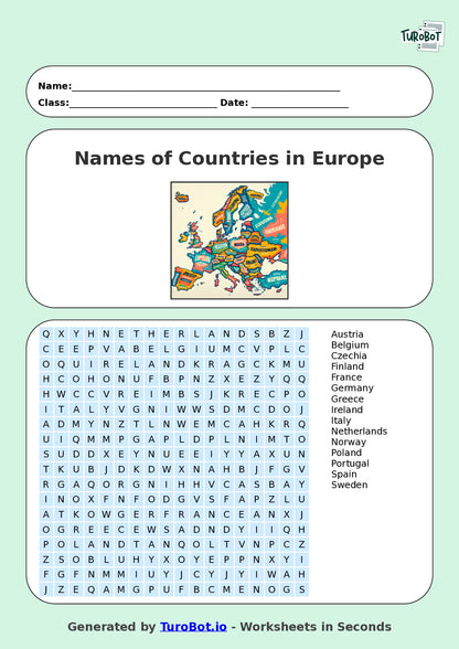 Year 7 General Knowledge Find a Word Worksheet – Names of Countries in Europe