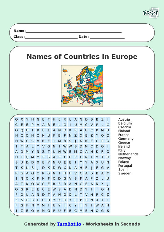 Year 7 General Knowledge Find a Word Worksheet – Names of Countries in Europe