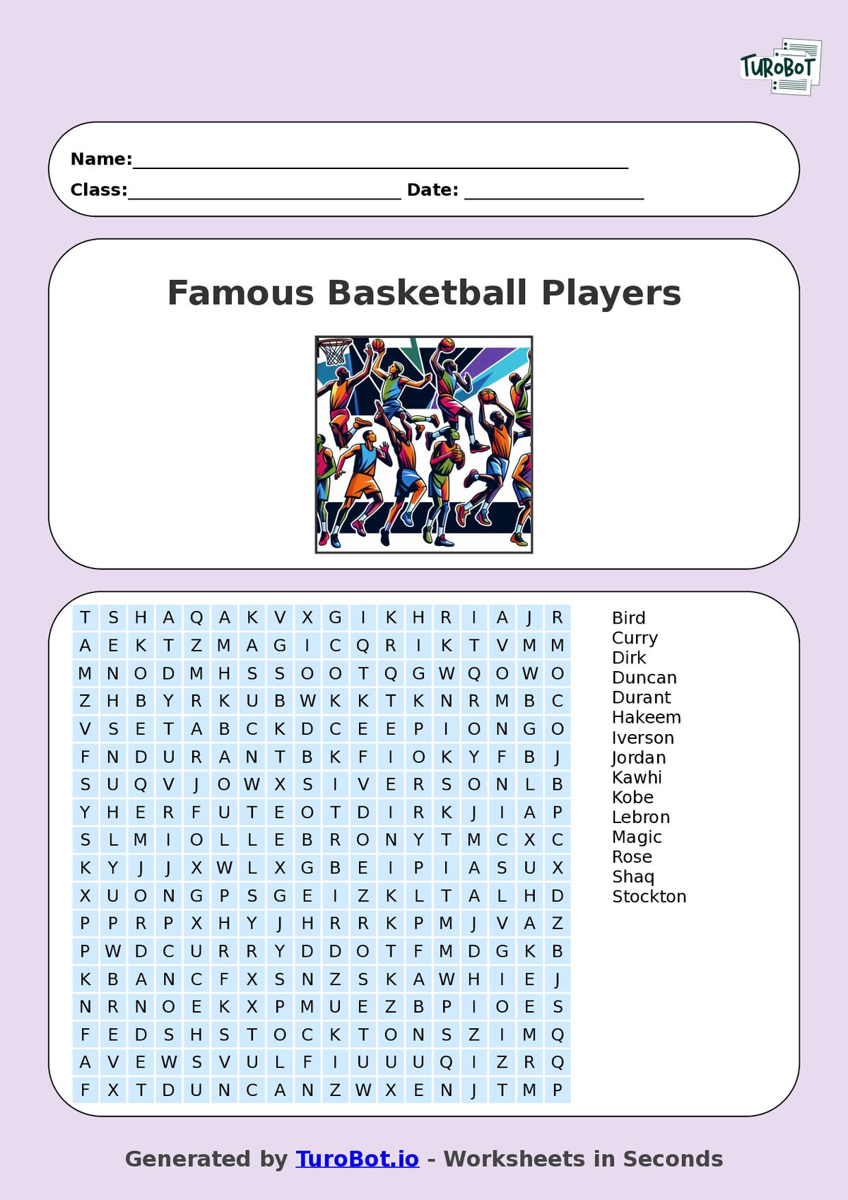 Year 7 General Knowledge Find a Word Worksheet – Names of Famous Basketball Players