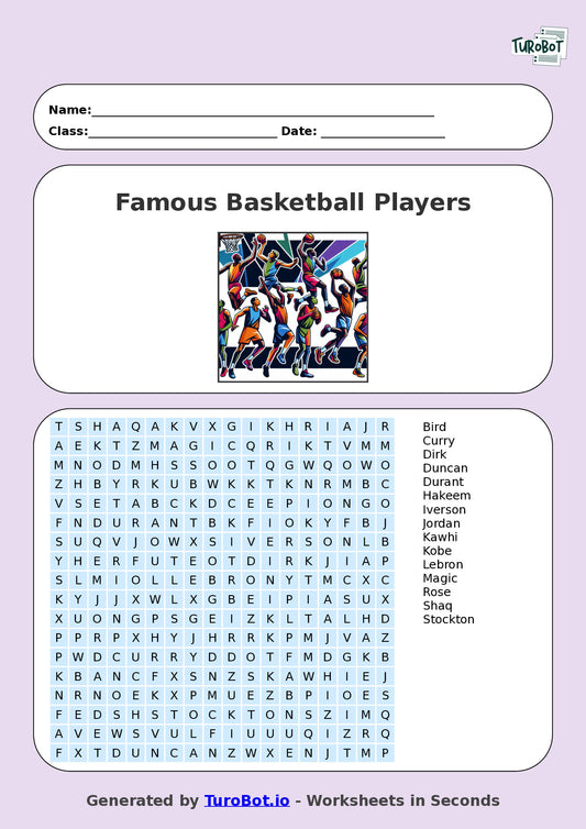Year 7 General Knowledge Find a Word Worksheet – Names of Famous Basketball Players