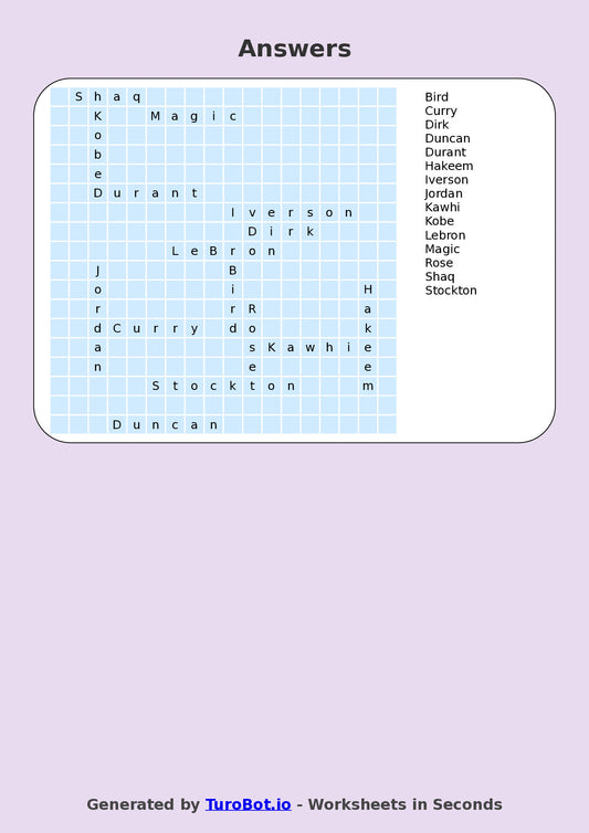 Year 7 General Knowledge Find a Word Worksheet – Names of Famous Basketball Players