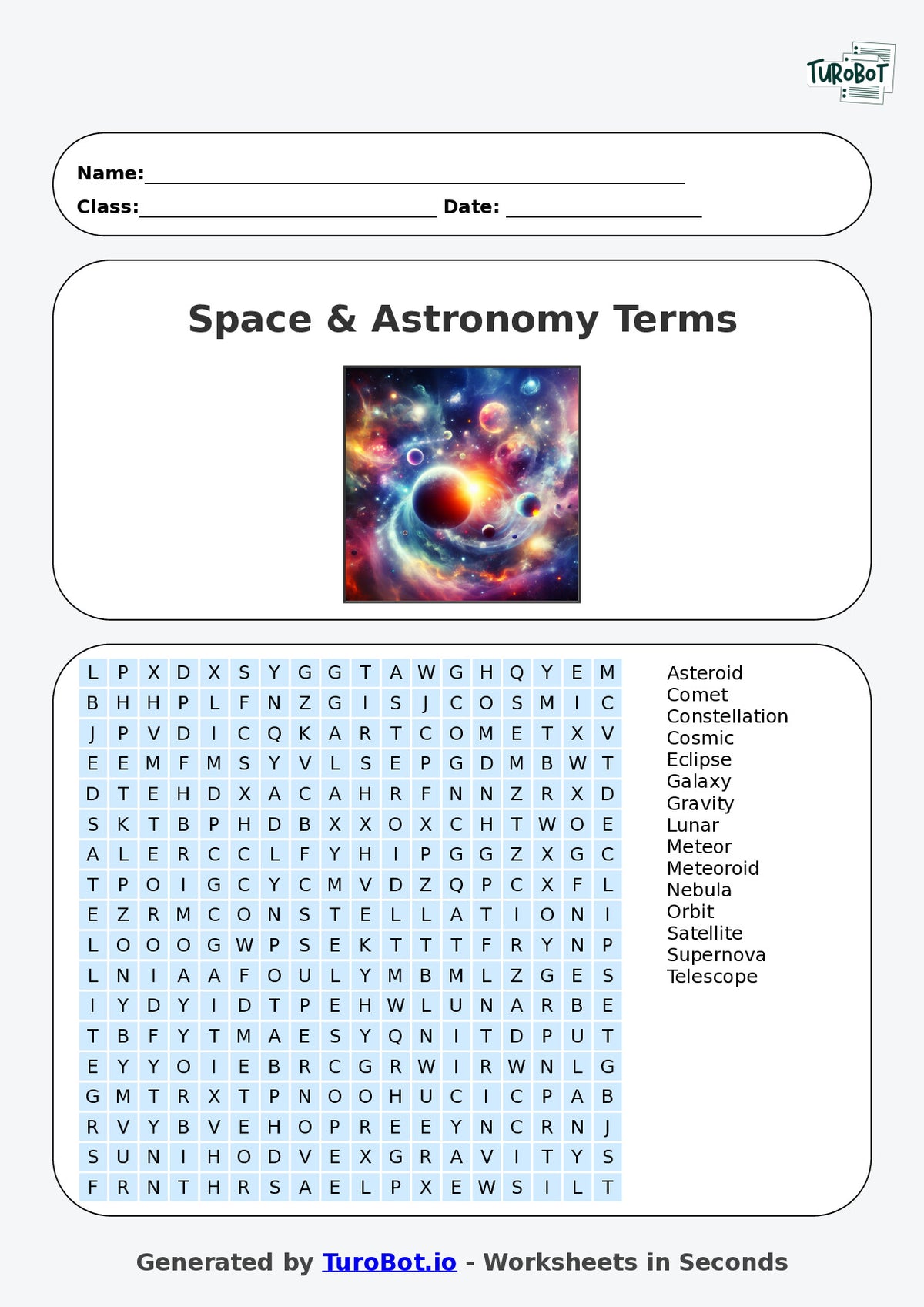 Year 7 General Knowledge Find a Word Worksheet – Space & Astronomy Terms