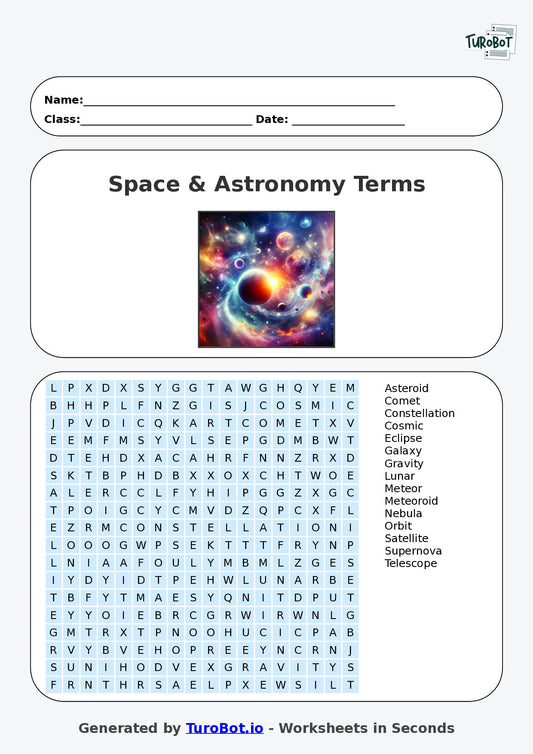 Year 7 General Knowledge Find a Word Worksheet – Space & Astronomy Terms