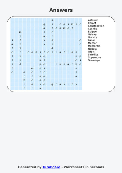 Year 7 General Knowledge Find a Word Worksheet – Space & Astronomy Terms