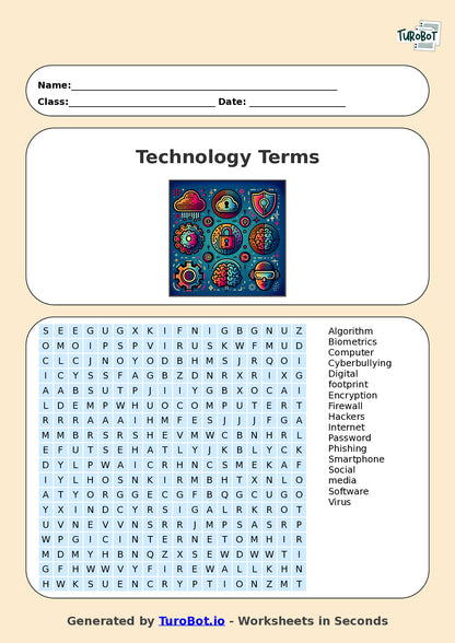 Year 7 General Knowledge Find a Word Worksheet – Technology Terms