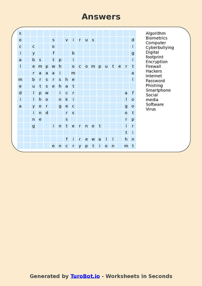 Year 7 General Knowledge Find a Word Worksheet – Technology Terms