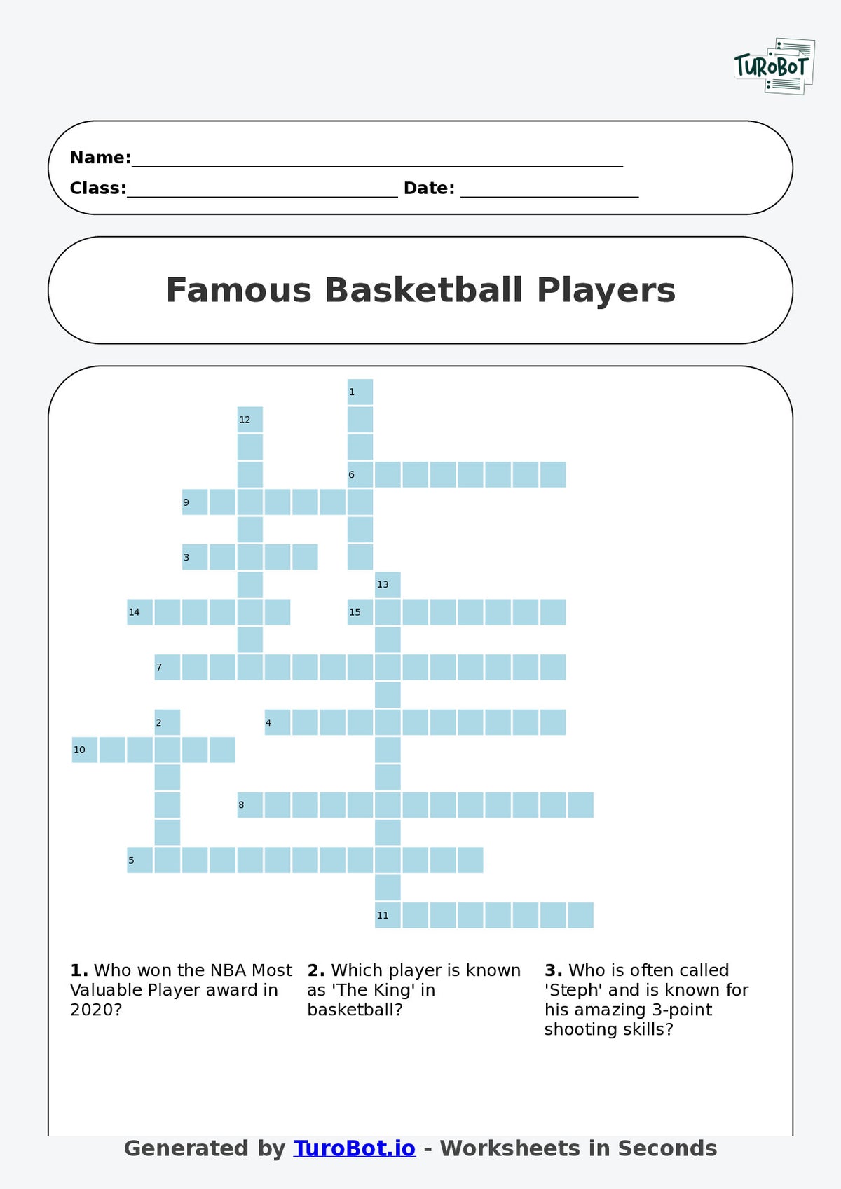 Year 8 General Knowledge Crossword Worksheet – Names of Famous Basketball Players