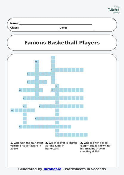 Year 8 General Knowledge Crossword Worksheet – Names of Famous Basketball Players