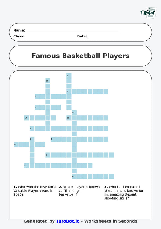 Year 8 General Knowledge Crossword Worksheet – Names of Famous Basketball Players