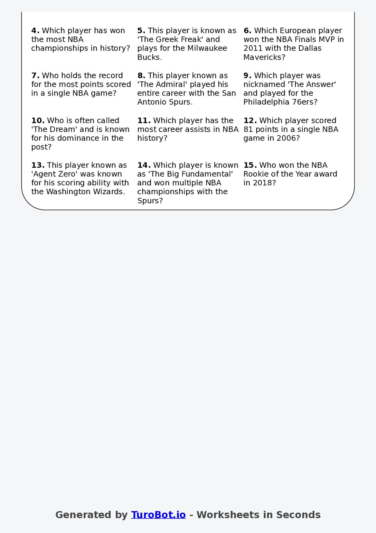 Year 8 General Knowledge Crossword Worksheet – Names of Famous Basketball Players