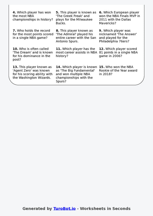 Year 8 General Knowledge Crossword Worksheet – Names of Famous Basketball Players