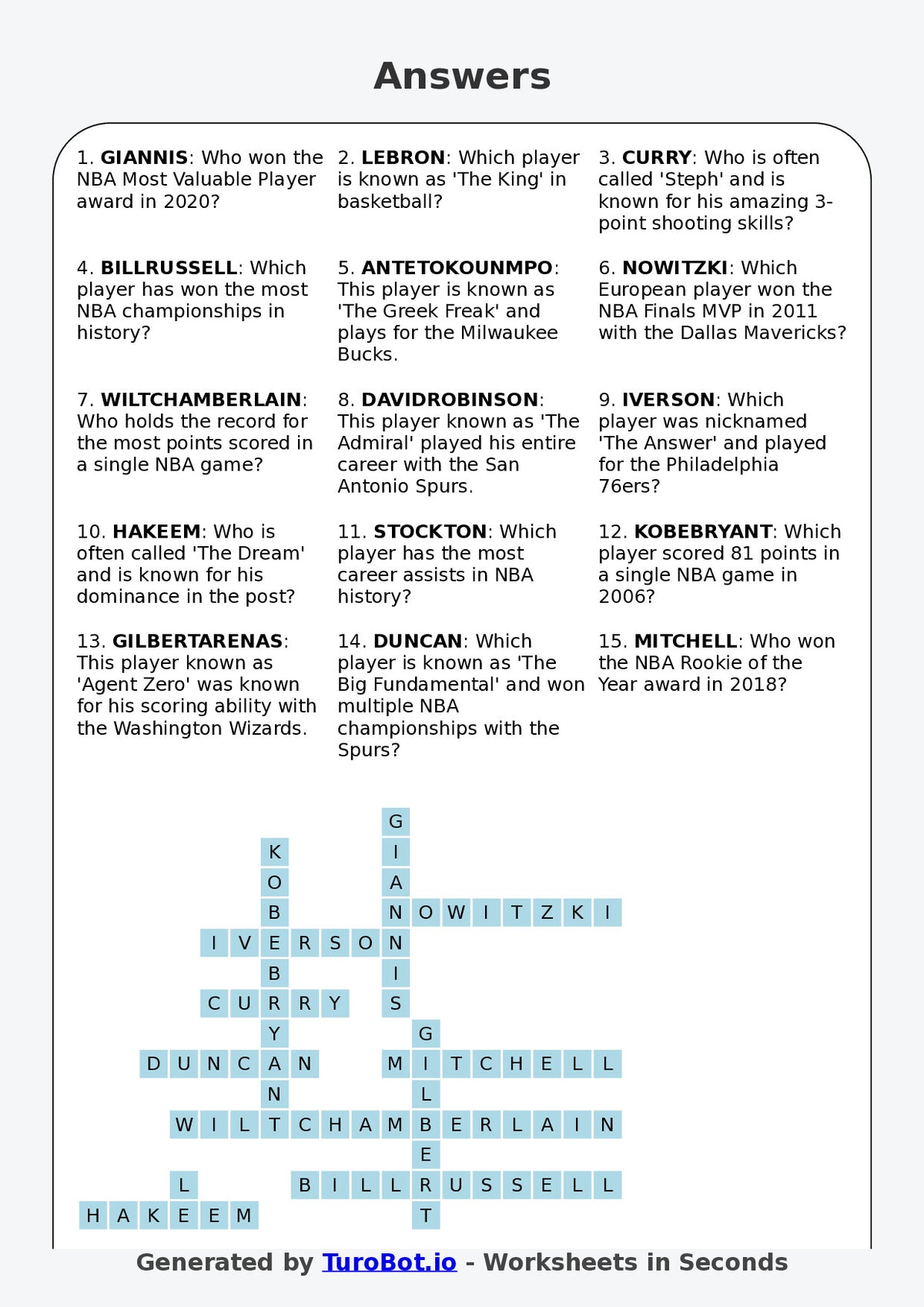 Year 8 General Knowledge Crossword Worksheet – Names of Famous Basketball Players