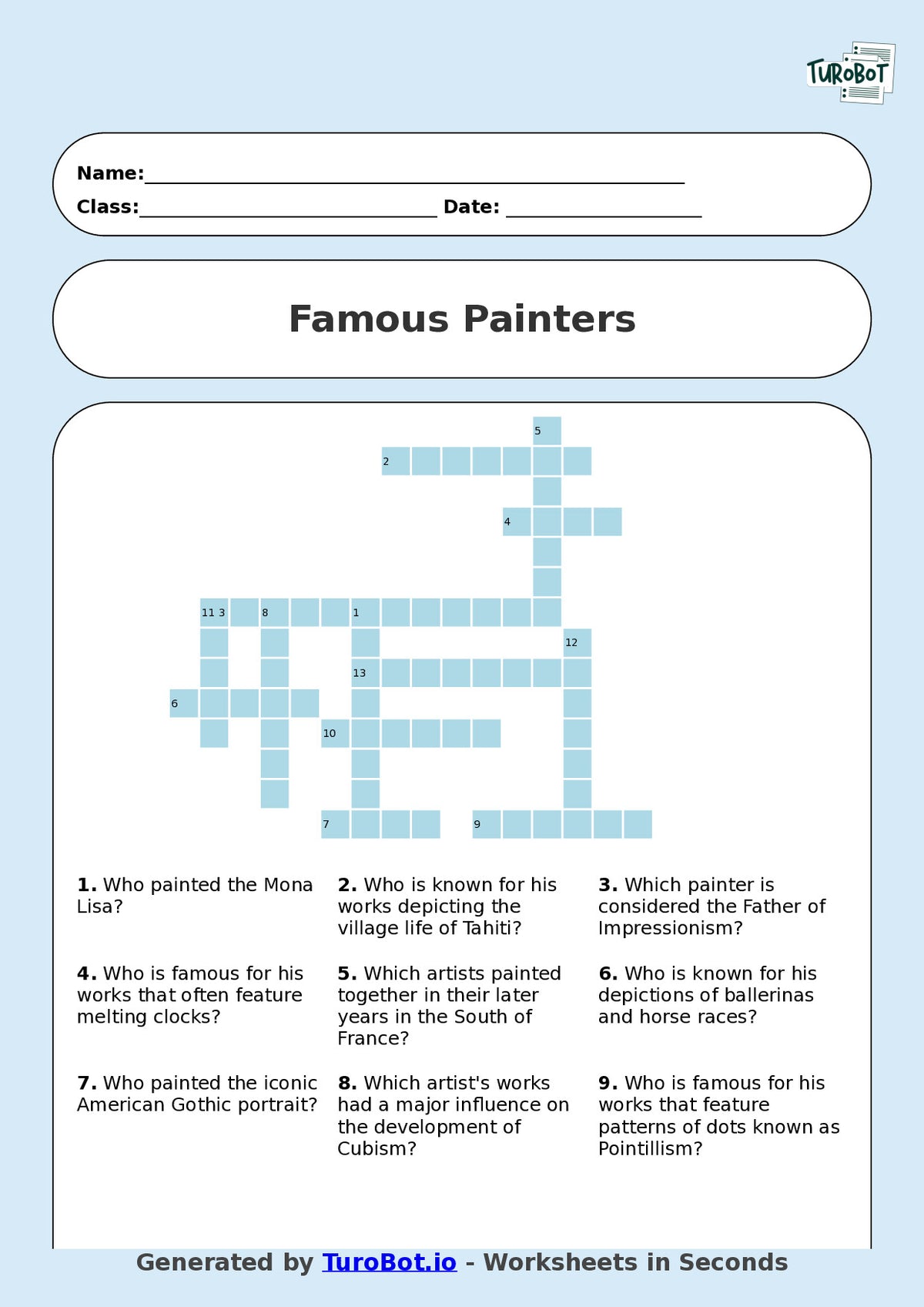 Year 8 General Knowledge Crossword Worksheet – Names of Famous Painters in History
