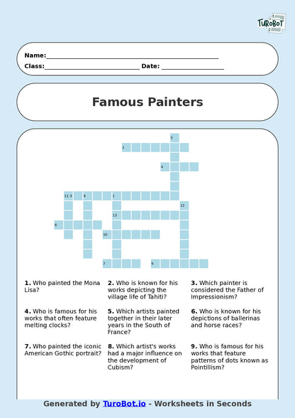 Year 8 General Knowledge Crossword Worksheet – Names of Famous Painters in History