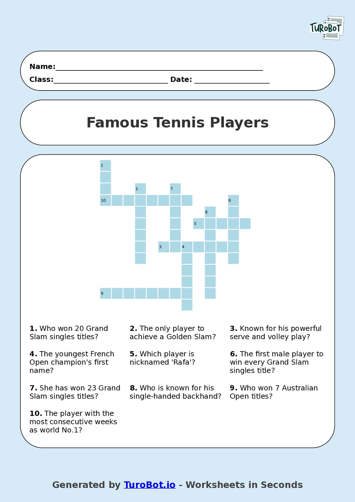 Year 8 General Knowledge Crossword Worksheet – Names of Famous Tennis Players
