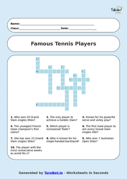 Year 8 General Knowledge Crossword Worksheet – Names of Famous Tennis Players