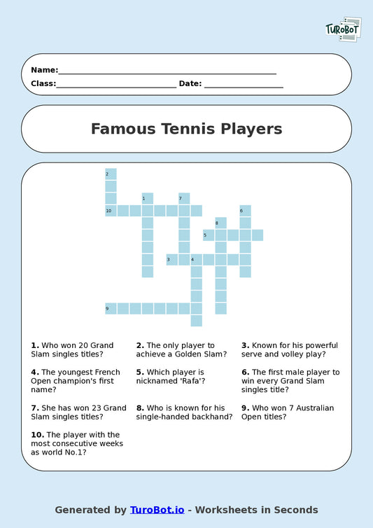 Year 8 General Knowledge Crossword Worksheet – Names of Famous Tennis Players