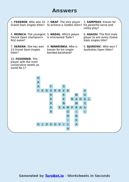 Year 8 General Knowledge Crossword Worksheet – Names of Famous Tennis Players