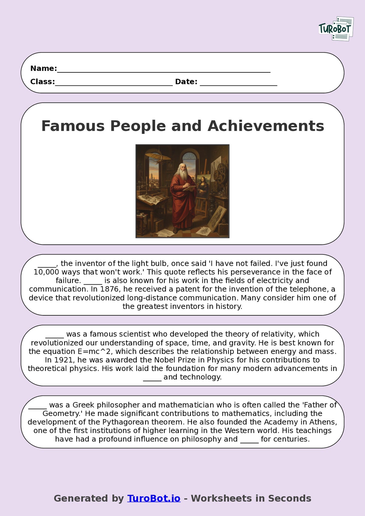 Year 8 General Knowledge Fill in the Blanks Worksheet – Famous People and Achievements