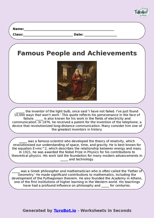 Year 8 General Knowledge Fill in the Blanks Worksheet – Famous People and Achievements
