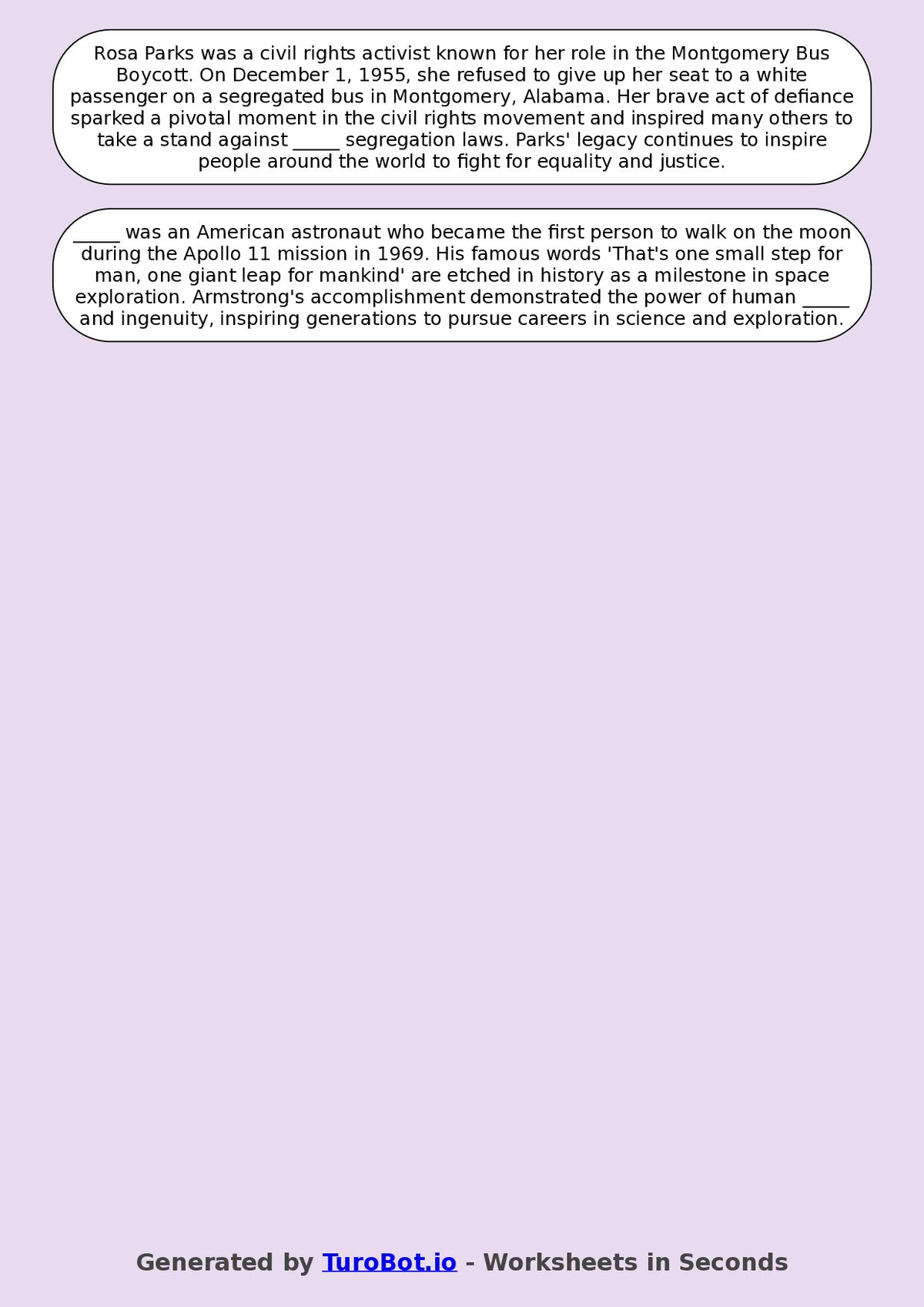 Year 8 General Knowledge Fill in the Blanks Worksheet – Famous People and Achievements