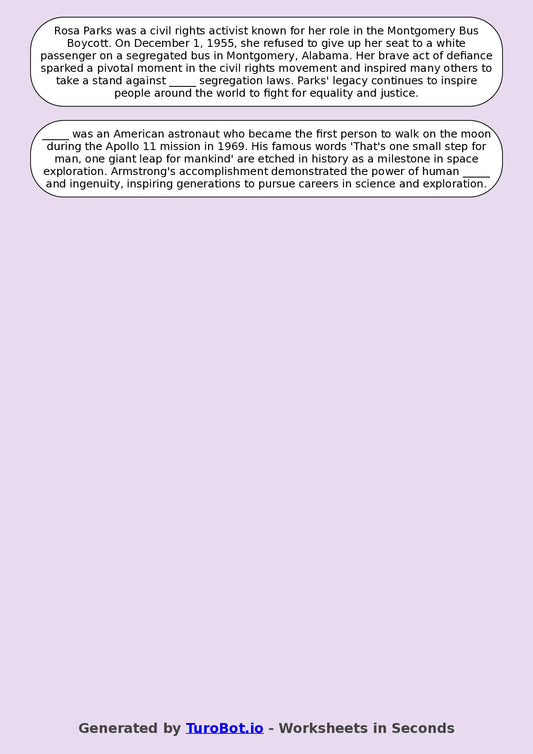 Year 8 General Knowledge Fill in the Blanks Worksheet – Famous People and Achievements