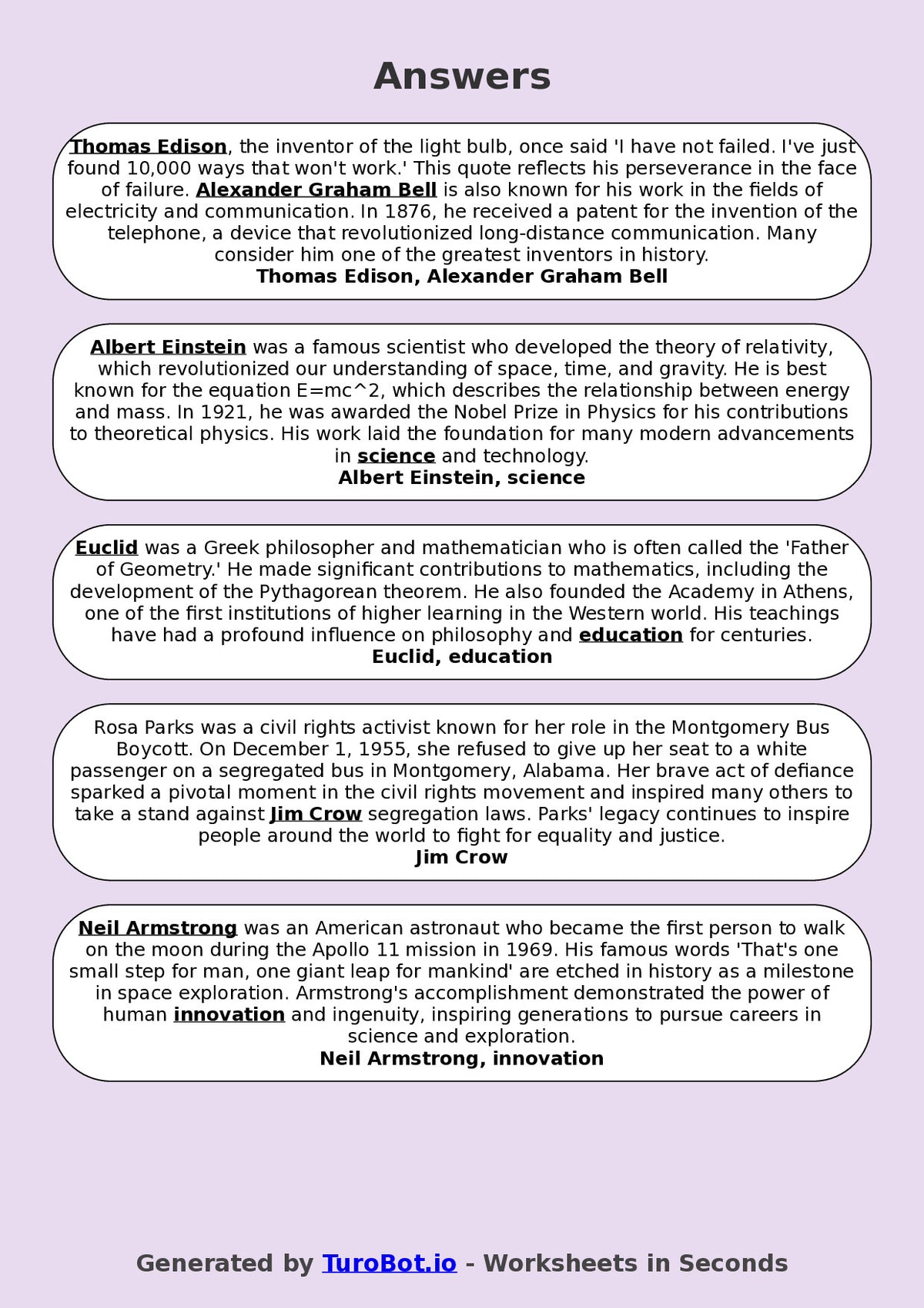 Year 8 General Knowledge Fill in the Blanks Worksheet – Famous People and Achievements