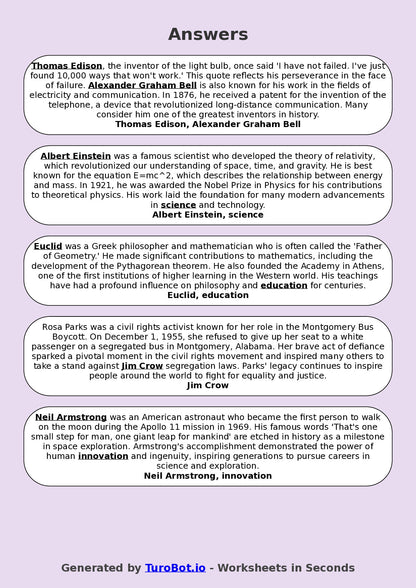 Year 8 General Knowledge Fill in the Blanks Worksheet – Famous People and Achievements
