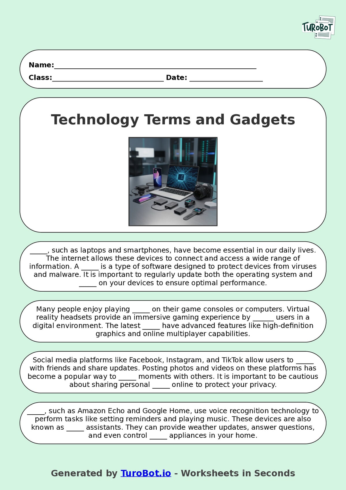 Year 8 General Knowledge Fill in the Blanks Worksheet – Technology Terms and Gadgets