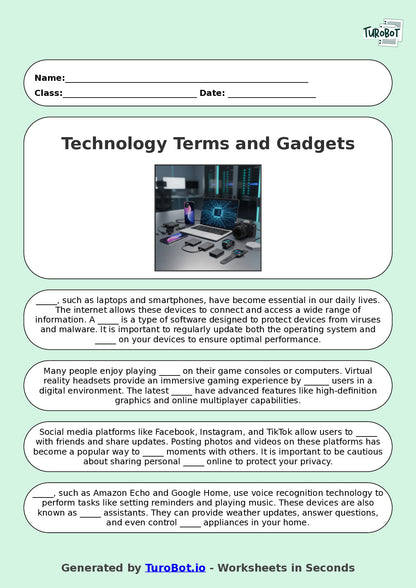 Year 8 General Knowledge Fill in the Blanks Worksheet – Technology Terms and Gadgets
