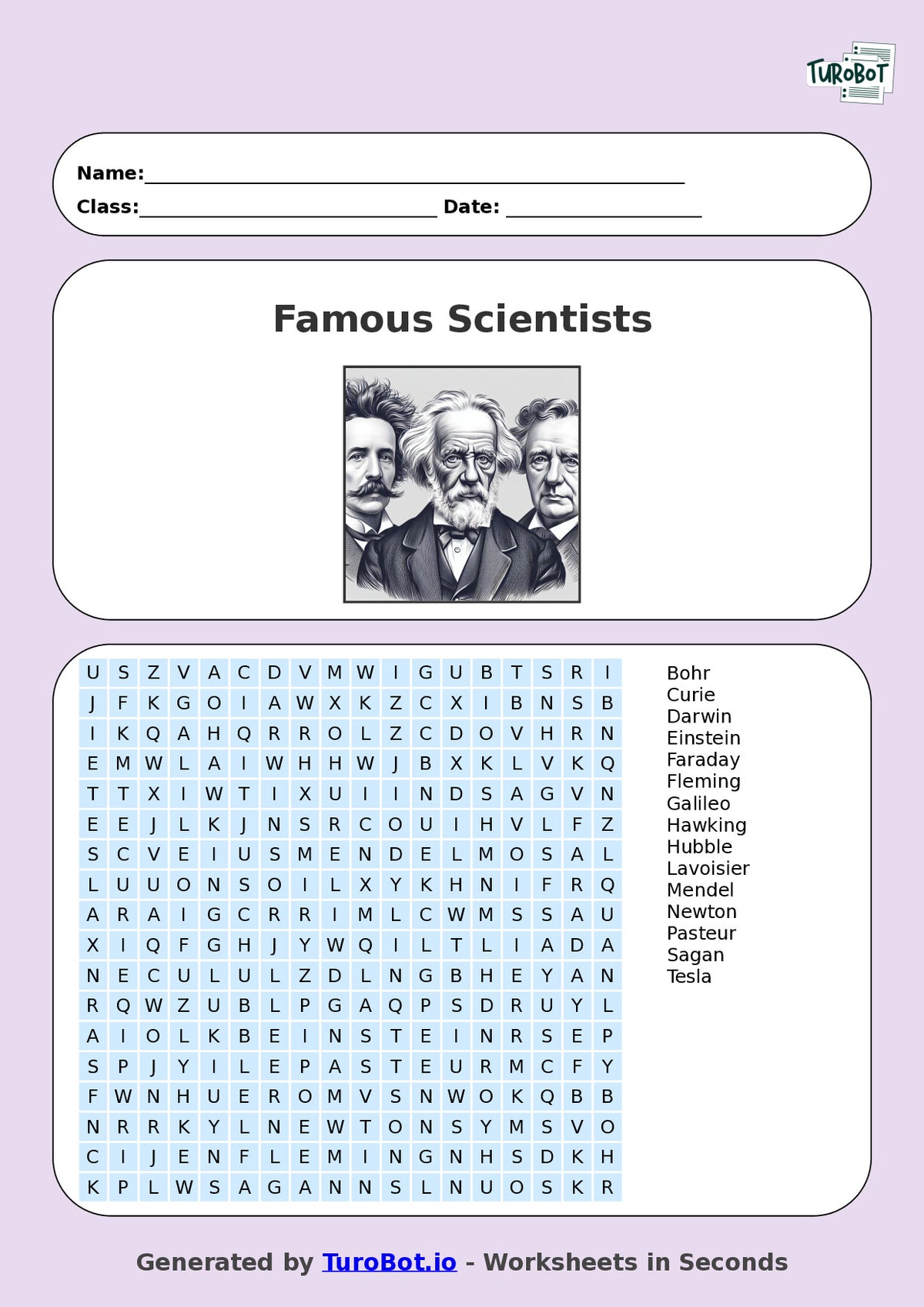 Year 8 General Knowledge Find a Word Worksheet – Names of Famous Scientists