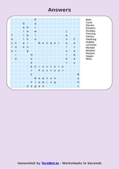 Year 8 General Knowledge Find a Word Worksheet – Names of Famous Scientists