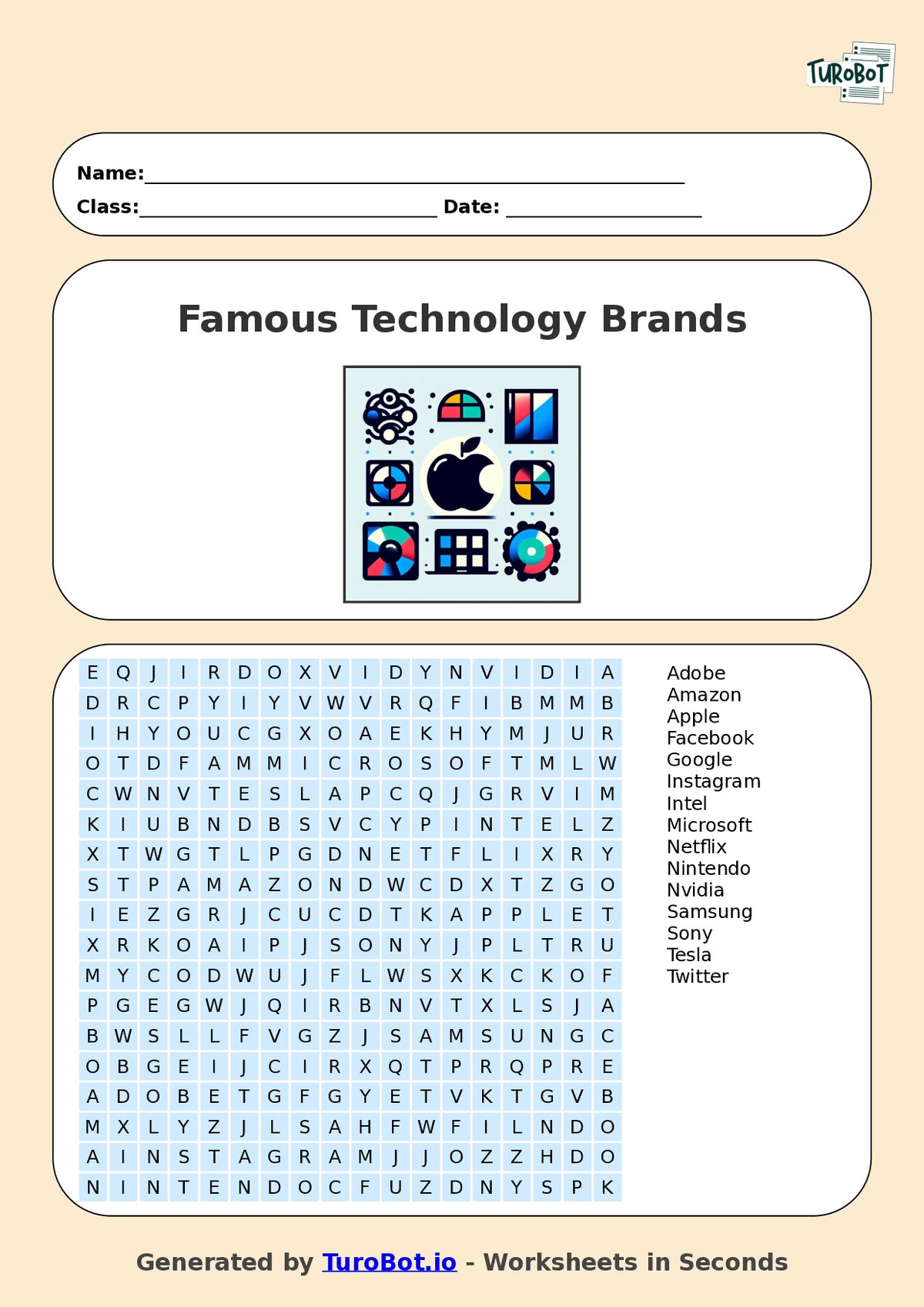 Year 8 General Knowledge Find a Word Worksheet – Names of Famous Technology Brands