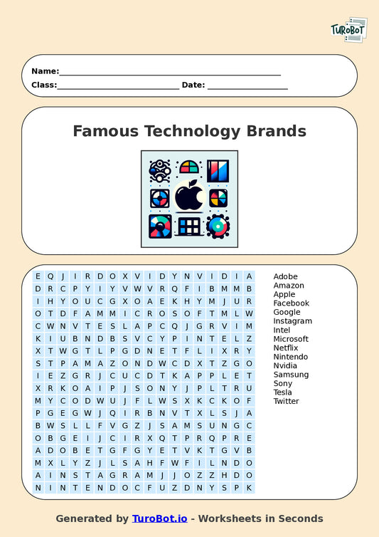 Year 8 General Knowledge Find a Word Worksheet – Names of Famous Technology Brands