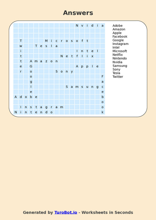 Year 8 General Knowledge Find a Word Worksheet – Names of Famous Technology Brands