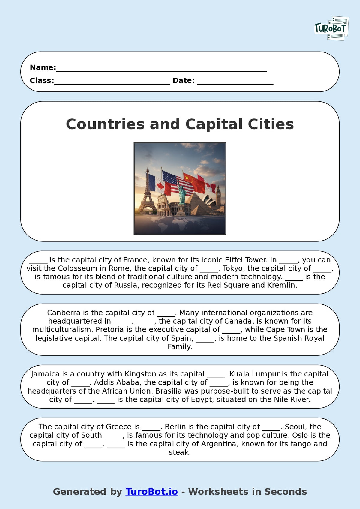 Year 9 General Knowledge Fill in the Blanks Worksheet – Countries and Capital Cities